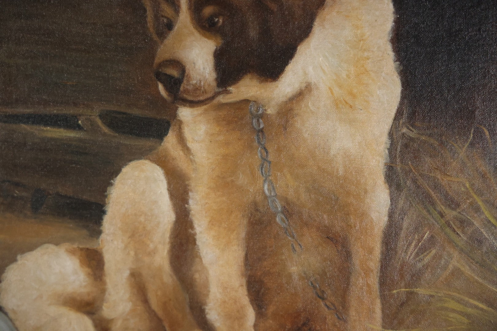 Antique Oil On Canvas Painting Of A Large Saint Bernard Dog Sharing A Saucer Of Water With A Small Gray Cat, On A Farm, Horses In Background, In Frame