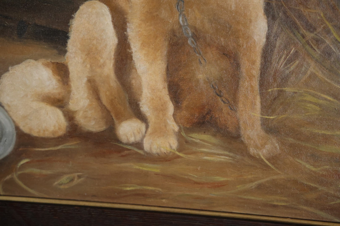 Antique Oil On Canvas Painting Of A Large Saint Bernard Dog Sharing A Saucer Of Water With A Small Gray Cat, On A Farm, Horses In Background, In Frame