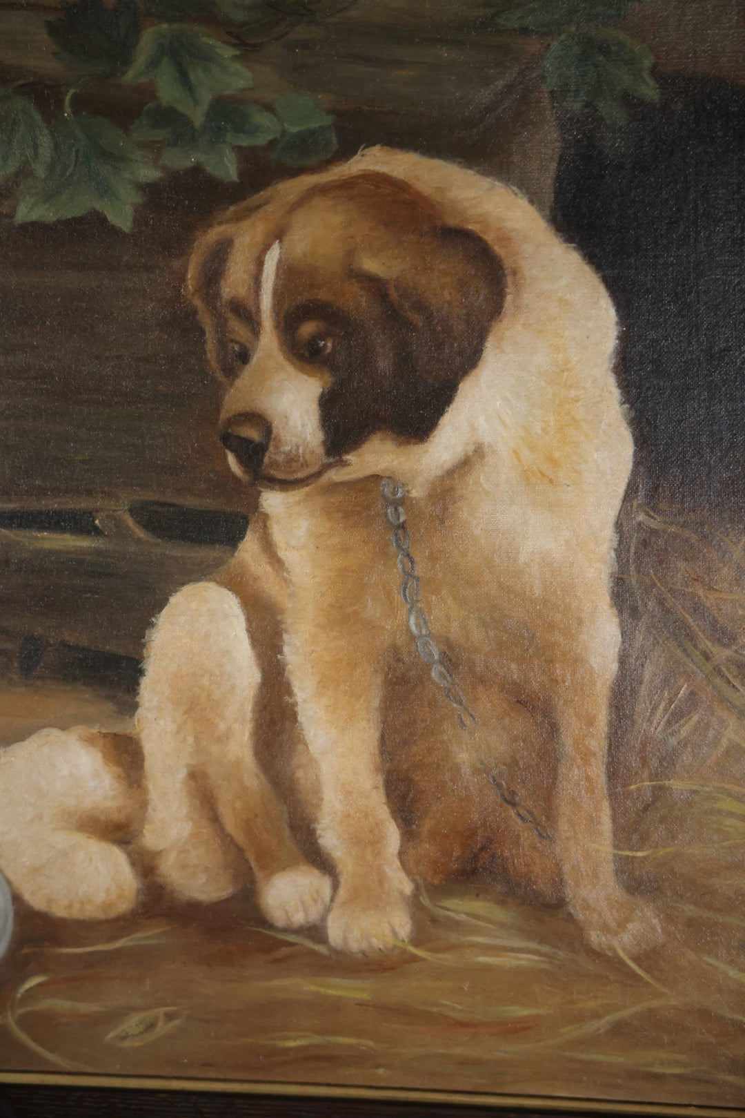 Antique Oil On Canvas Painting Of A Large Saint Bernard Dog Sharing A Saucer Of Water With A Small Gray Cat, On A Farm, Horses In Background, In Frame