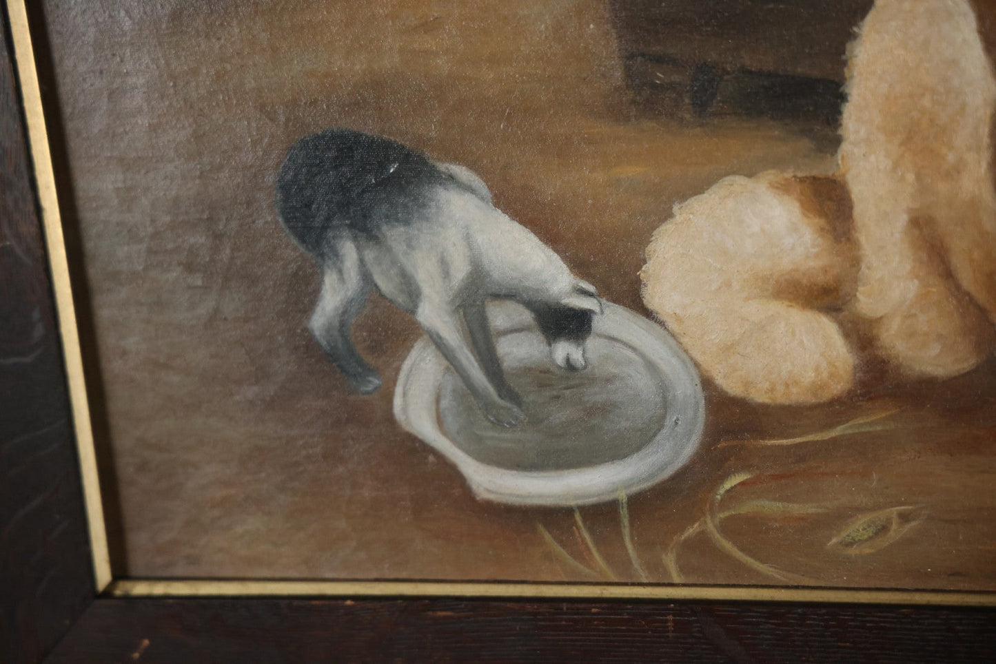 Antique Oil On Canvas Painting Of A Large Saint Bernard Dog Sharing A Saucer Of Water With A Small Gray Cat, On A Farm, Horses In Background, In Frame