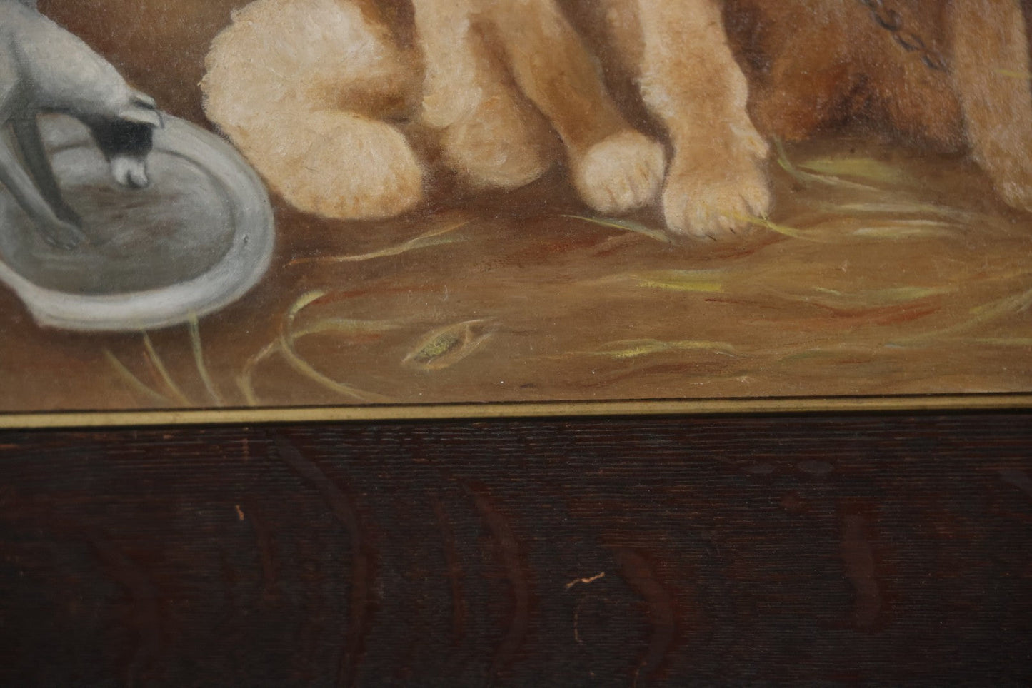 Antique Oil On Canvas Painting Of A Large Saint Bernard Dog Sharing A Saucer Of Water With A Small Gray Cat, On A Farm, Horses In Background, In Frame