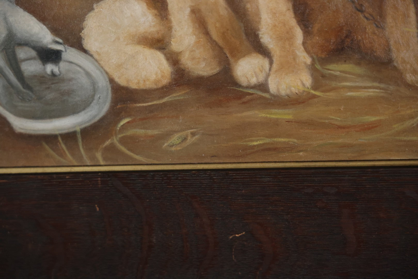 Antique Oil On Canvas Painting Of A Large Saint Bernard Dog Sharing A Saucer Of Water With A Small Gray Cat, On A Farm, Horses In Background, In Frame