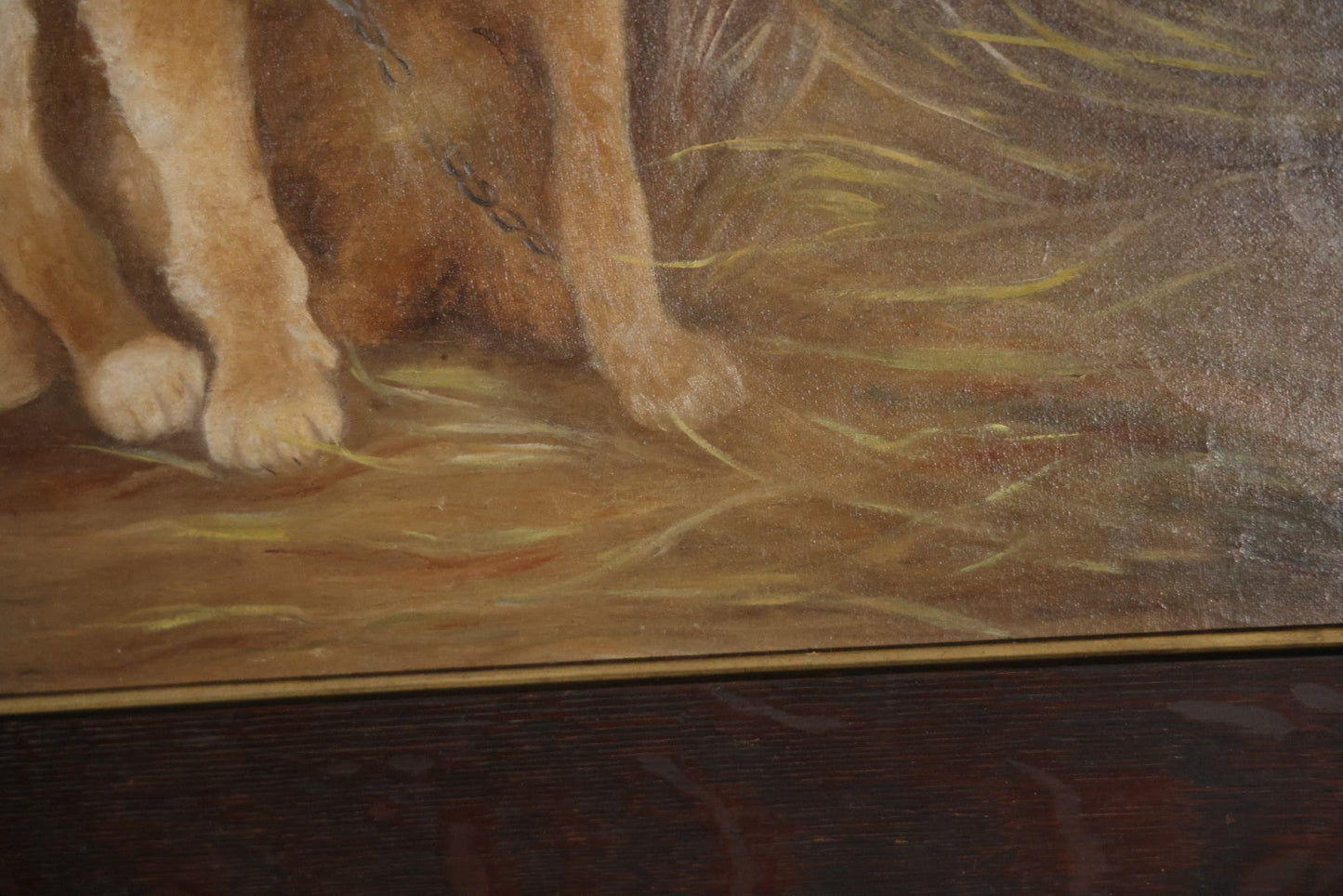 Antique Oil On Canvas Painting Of A Large Saint Bernard Dog Sharing A Saucer Of Water With A Small Gray Cat, On A Farm, Horses In Background, In Frame