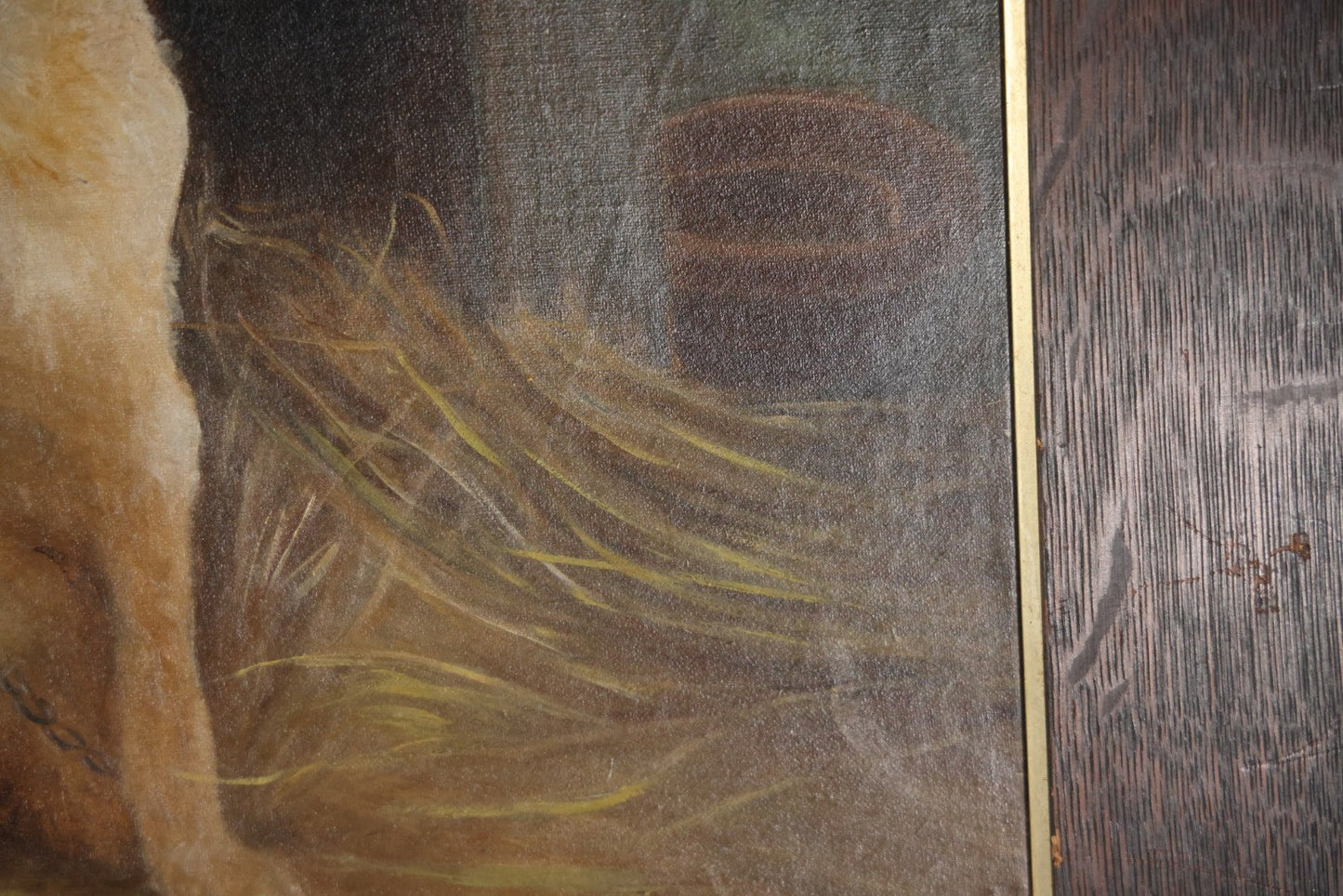 Antique Oil On Canvas Painting Of A Large Saint Bernard Dog Sharing A Saucer Of Water With A Small Gray Cat, On A Farm, Horses In Background, In Frame