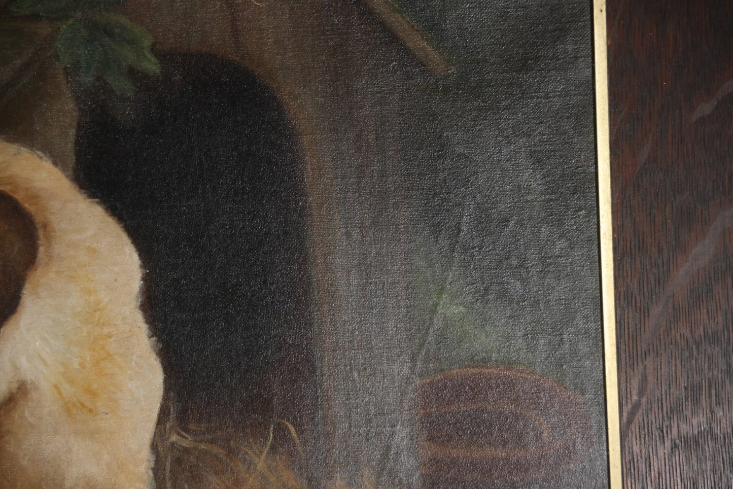 Antique Oil On Canvas Painting Of A Large Saint Bernard Dog Sharing A Saucer Of Water With A Small Gray Cat, On A Farm, Horses In Background, In Frame