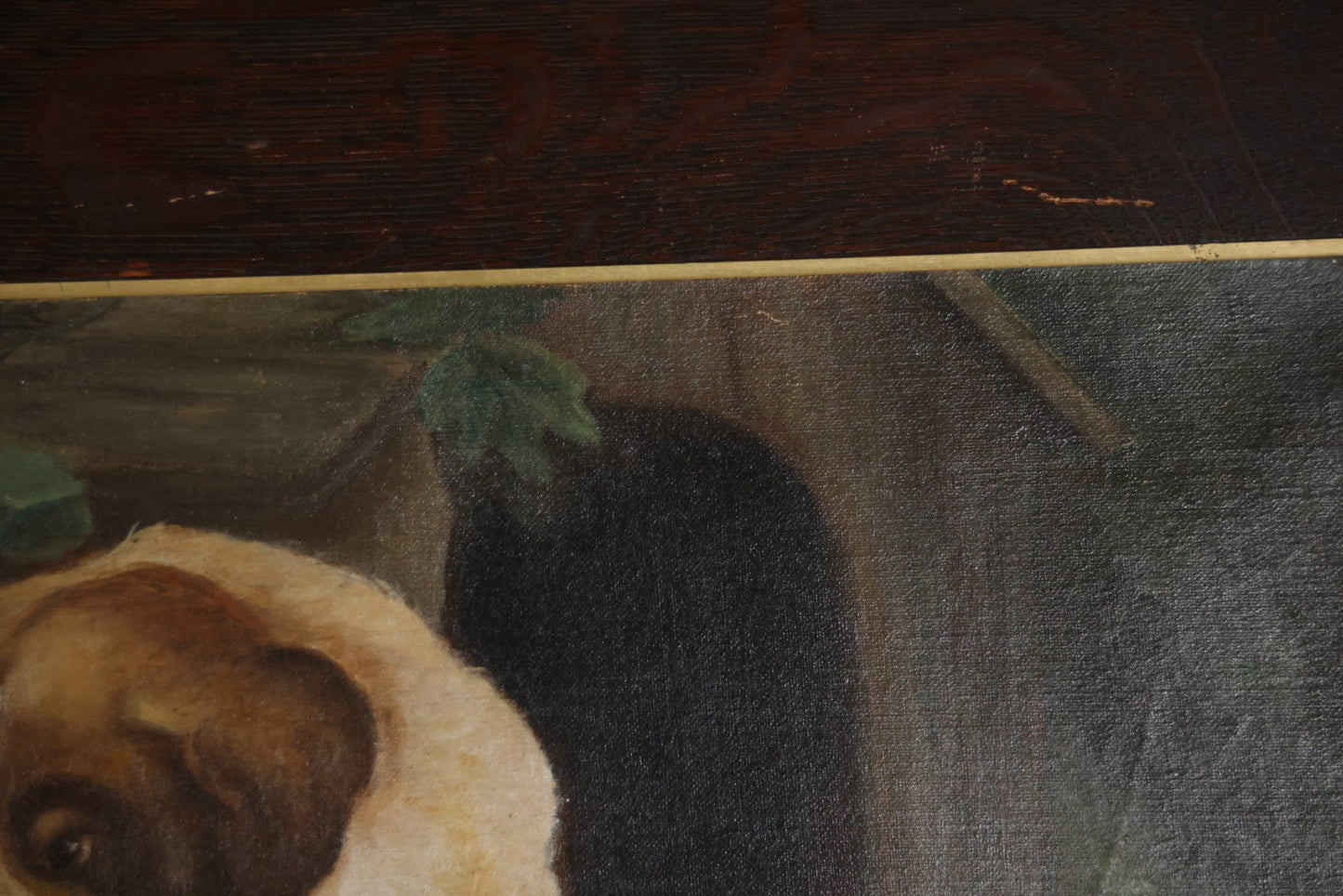 Antique Oil On Canvas Painting Of A Large Saint Bernard Dog Sharing A Saucer Of Water With A Small Gray Cat, On A Farm, Horses In Background, In Frame