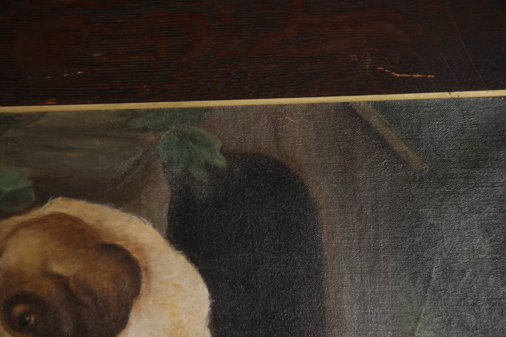 Antique Oil On Canvas Painting Of A Large Saint Bernard Dog Sharing A Saucer Of Water With A Small Gray Cat, On A Farm, Horses In Background, In Frame