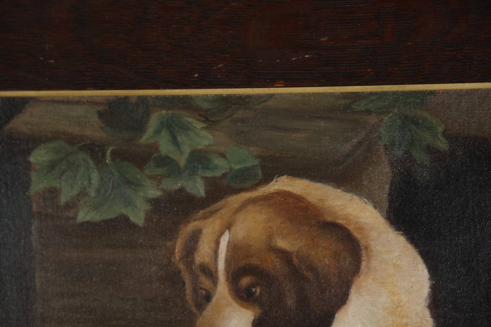 Antique Oil On Canvas Painting Of A Large Saint Bernard Dog Sharing A Saucer Of Water With A Small Gray Cat, On A Farm, Horses In Background, In Frame