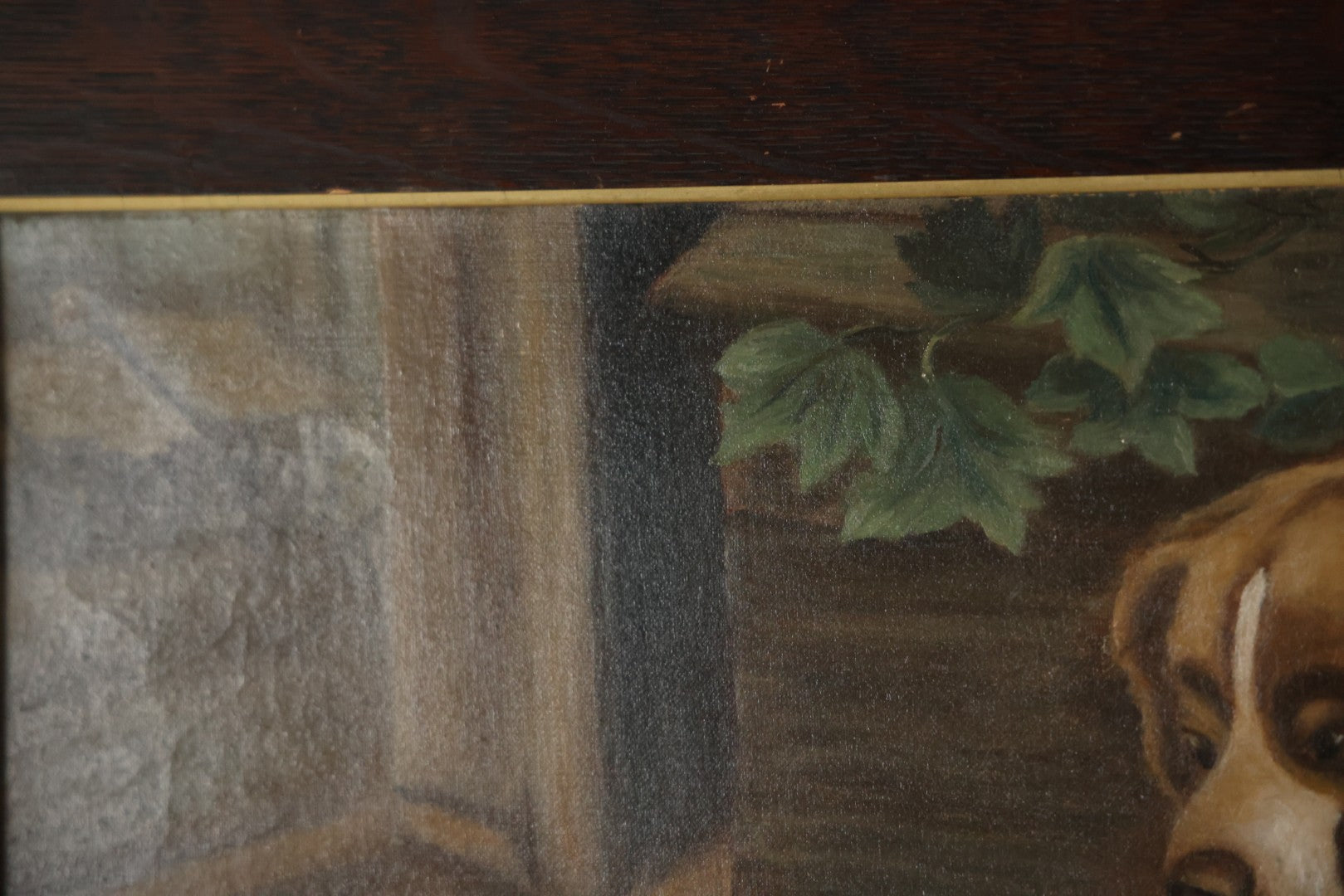 Antique Oil On Canvas Painting Of A Large Saint Bernard Dog Sharing A Saucer Of Water With A Small Gray Cat, On A Farm, Horses In Background, In Frame
