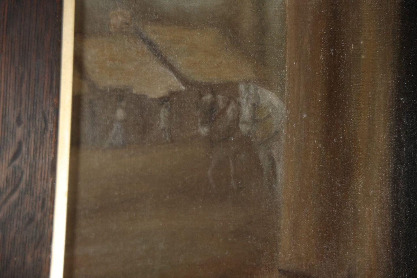 Antique Oil On Canvas Painting Of A Large Saint Bernard Dog Sharing A Saucer Of Water With A Small Gray Cat, On A Farm, Horses In Background, In Frame