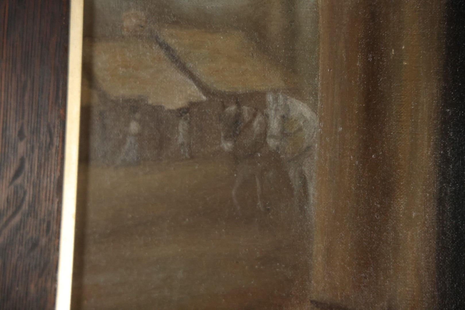 Antique Oil On Canvas Painting Of A Large Saint Bernard Dog Sharing A Saucer Of Water With A Small Gray Cat, On A Farm, Horses In Background, In Frame