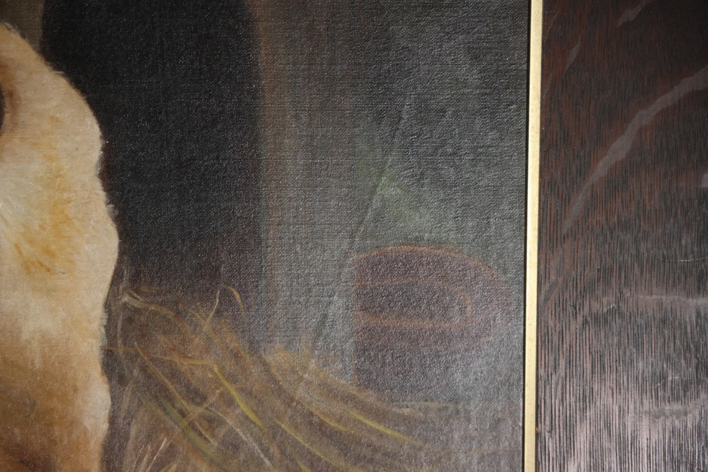 Antique Oil On Canvas Painting Of A Large Saint Bernard Dog Sharing A Saucer Of Water With A Small Gray Cat, On A Farm, Horses In Background, In Frame