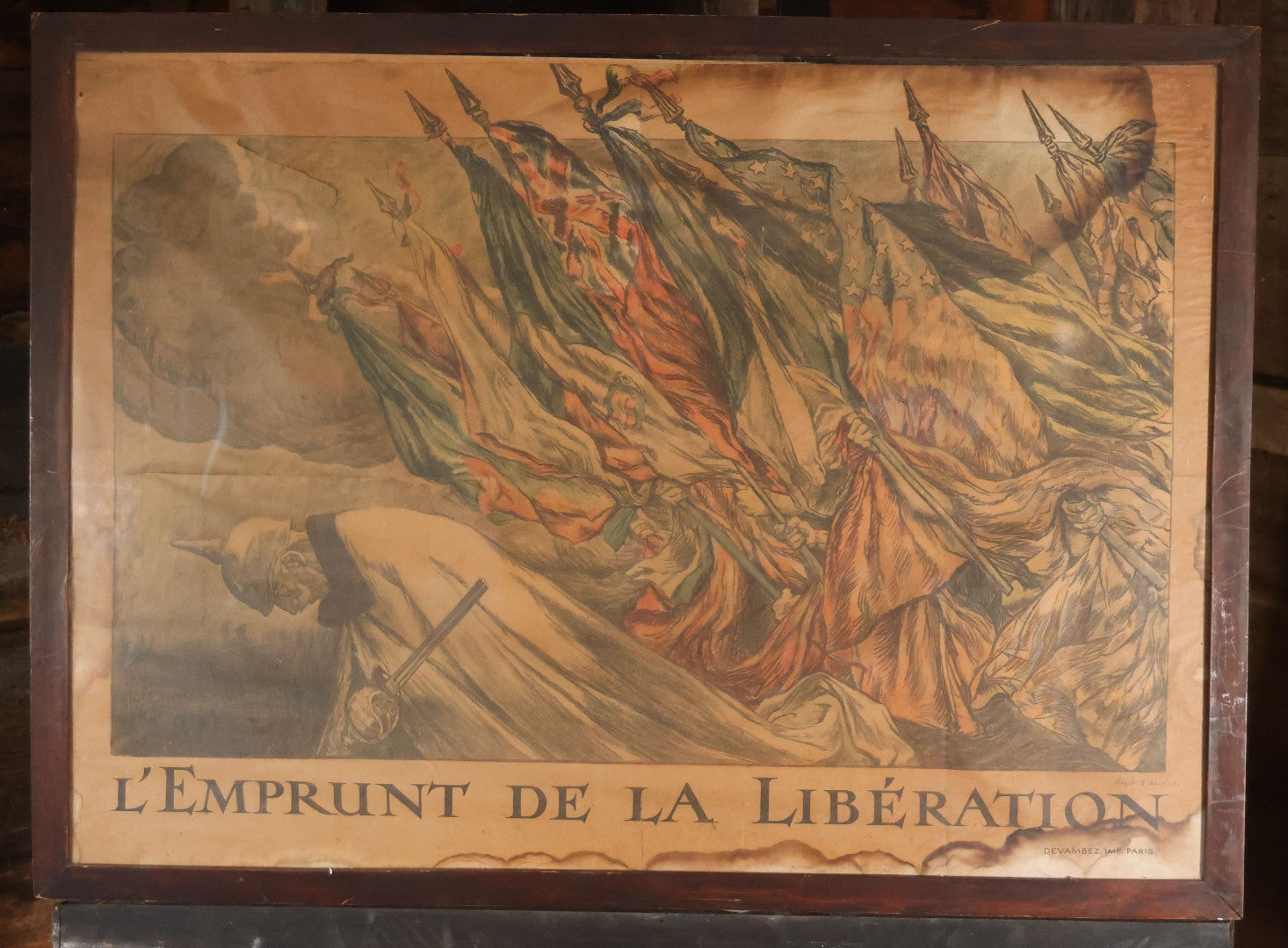 Antique World War I French Propaganda Lithograph Poster, "L'Emprunt De La Liberation" (The Liberation Loan), Art By Abel Faivre, In Frame, Note Heavy Wear And Tear. 45-1/2" x 33-1/4"