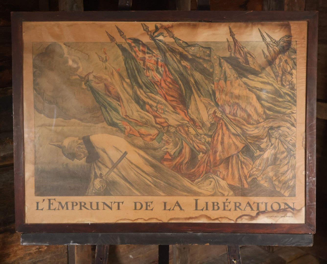 Antique World War I French Propaganda Lithograph Poster, "L'Emprunt De La Liberation" (The Liberation Loan), Art By Abel Faivre, In Frame, Note Heavy Wear And Tear. 45-1/2" x 33-1/4"