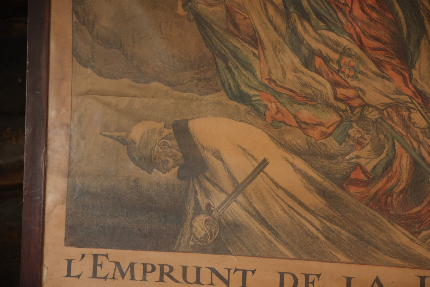 Antique World War I French Propaganda Lithograph Poster, "L'Emprunt De La Liberation" (The Liberation Loan), Art By Abel Faivre, In Frame, Note Heavy Wear And Tear. 45-1/2" x 33-1/4"