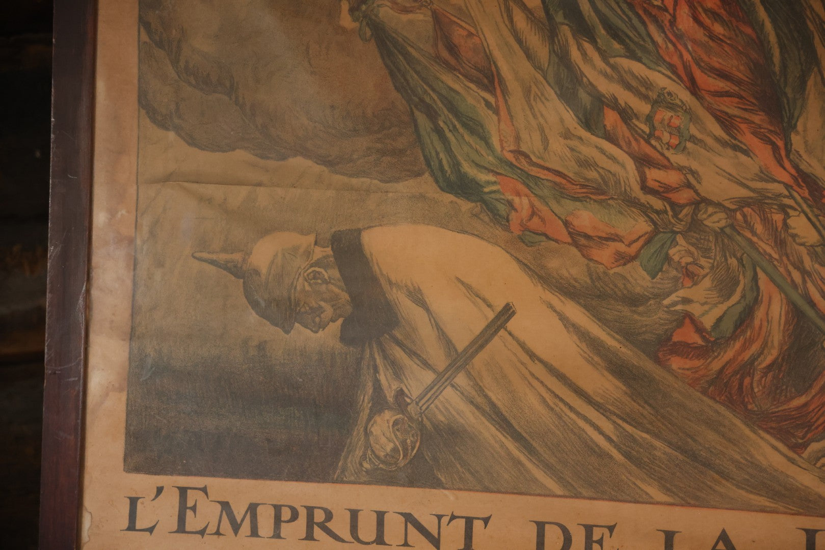Antique World War I French Propaganda Lithograph Poster, "L'Emprunt De La Liberation" (The Liberation Loan), Art By Abel Faivre, In Frame, Note Heavy Wear And Tear. 45-1/2" x 33-1/4"