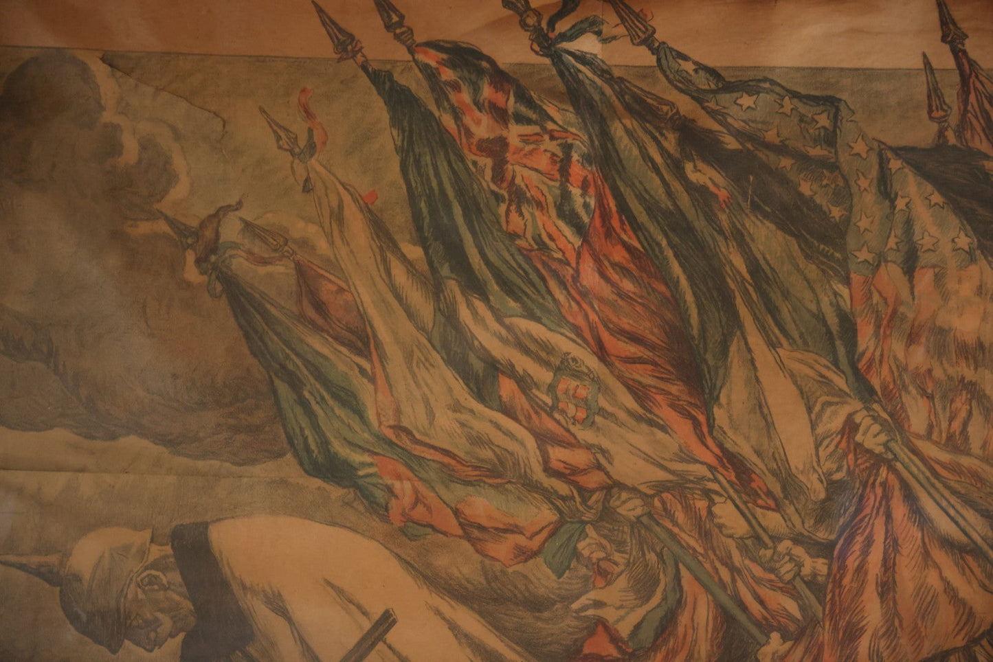 Antique World War I French Propaganda Lithograph Poster, "L'Emprunt De La Liberation" (The Liberation Loan), Art By Abel Faivre, In Frame, Note Heavy Wear And Tear. 45-1/2" x 33-1/4"
