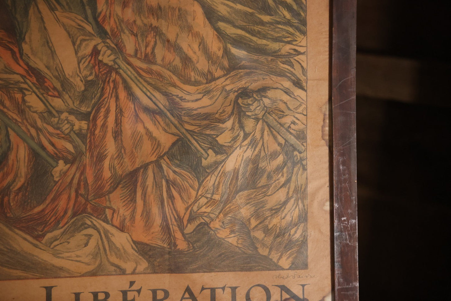 Antique World War I French Propaganda Lithograph Poster, "L'Emprunt De La Liberation" (The Liberation Loan), Art By Abel Faivre, In Frame, Note Heavy Wear And Tear. 45-1/2" x 33-1/4"