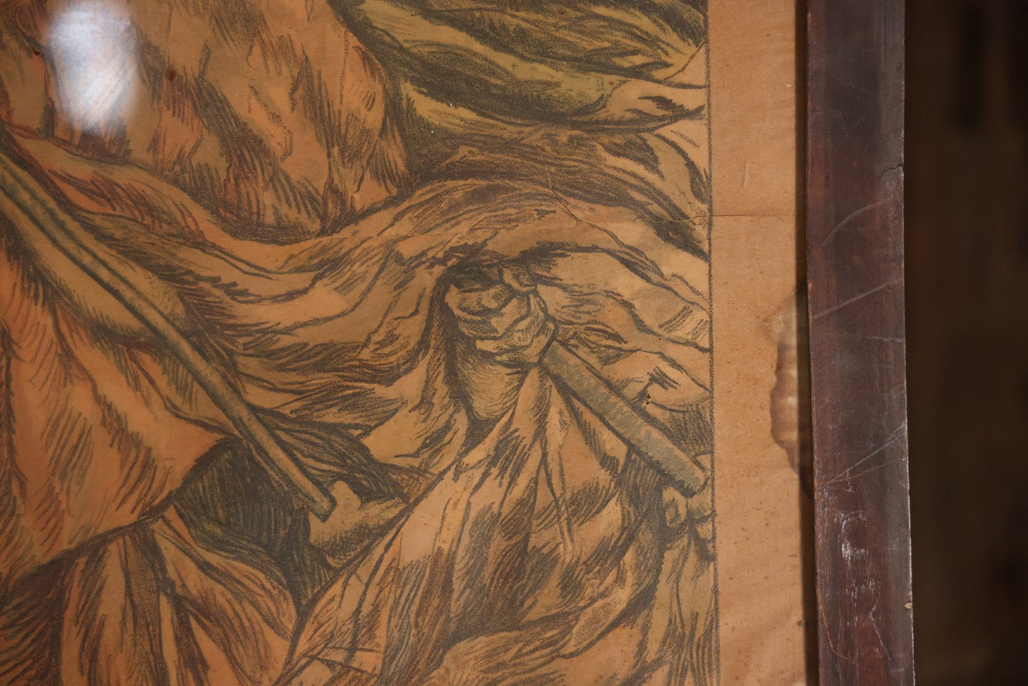 Antique World War I French Propaganda Lithograph Poster, "L'Emprunt De La Liberation" (The Liberation Loan), Art By Abel Faivre, In Frame, Note Heavy Wear And Tear. 45-1/2" x 33-1/4"