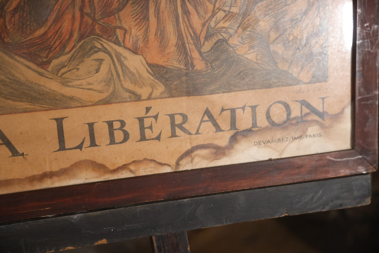Antique World War I French Propaganda Lithograph Poster, "L'Emprunt De La Liberation" (The Liberation Loan), Art By Abel Faivre, In Frame, Note Heavy Wear And Tear. 45-1/2" x 33-1/4"