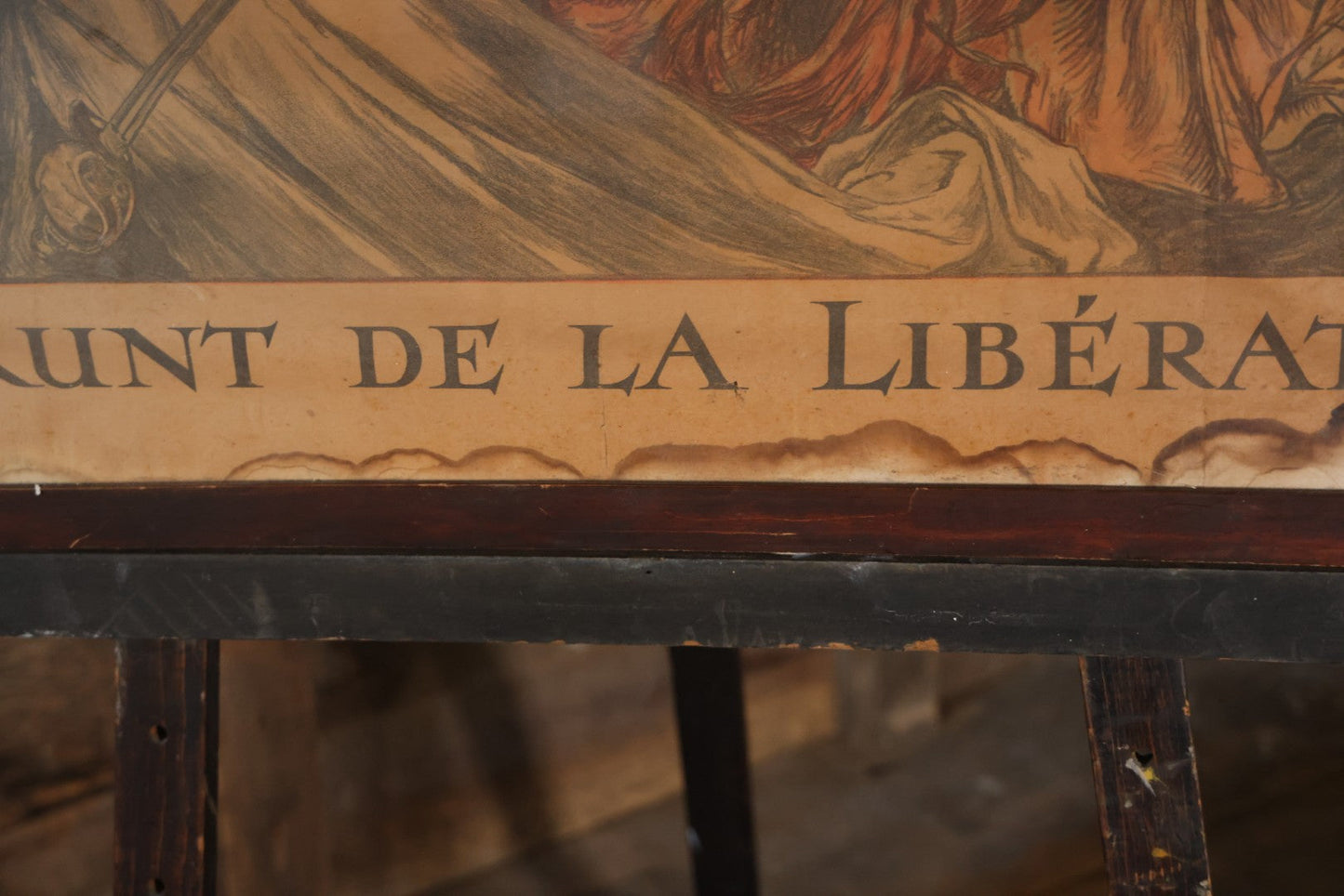 Antique World War I French Propaganda Lithograph Poster, "L'Emprunt De La Liberation" (The Liberation Loan), Art By Abel Faivre, In Frame, Note Heavy Wear And Tear. 45-1/2" x 33-1/4"