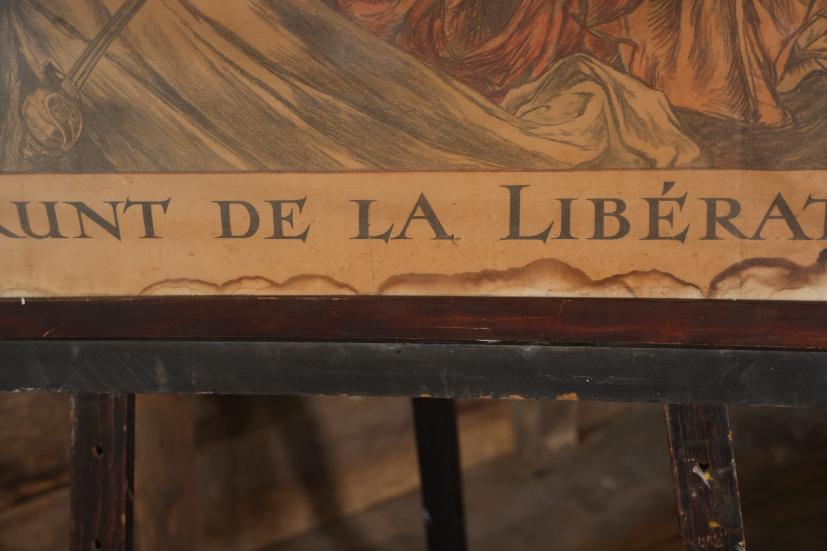 Antique World War I French Propaganda Lithograph Poster, "L'Emprunt De La Liberation" (The Liberation Loan), Art By Abel Faivre, In Frame, Note Heavy Wear And Tear. 45-1/2" x 33-1/4"