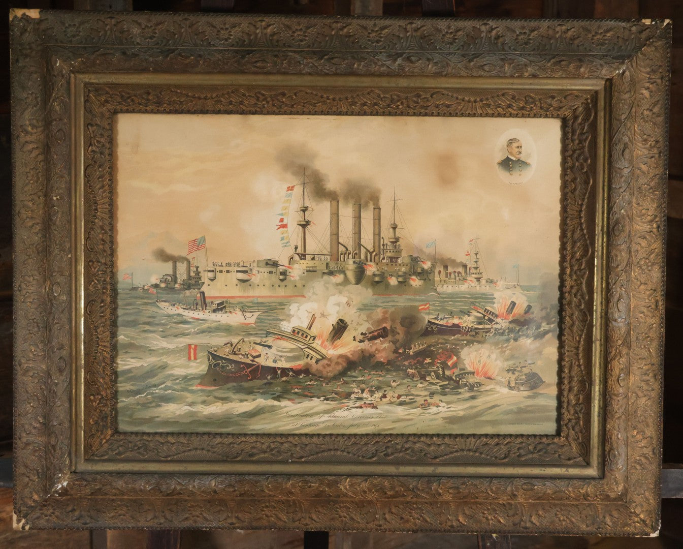Antique Spanish American War Chromolithograph Print Depicting The Destruction Of Admiral Cervera's Fleet At Santiago De Cuba, July 3rd, 1898, In Large Ornate Frame, After Xanthus Russell Smith, Copyright 1898 By J. Hoover & Son, Philadelphia. 39" x  31"