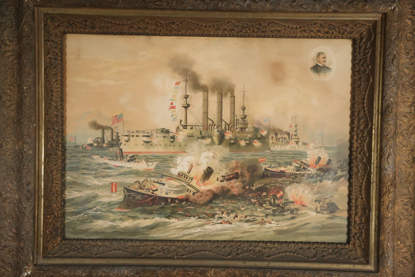 Antique Spanish American War Chromolithograph Print Depicting The Destruction Of Admiral Cervera's Fleet At Santiago De Cuba, July 3rd, 1898, In Large Ornate Frame, After Xanthus Russell Smith, Copyright 1898 By J. Hoover & Son, Philadelphia. 39" x  31"