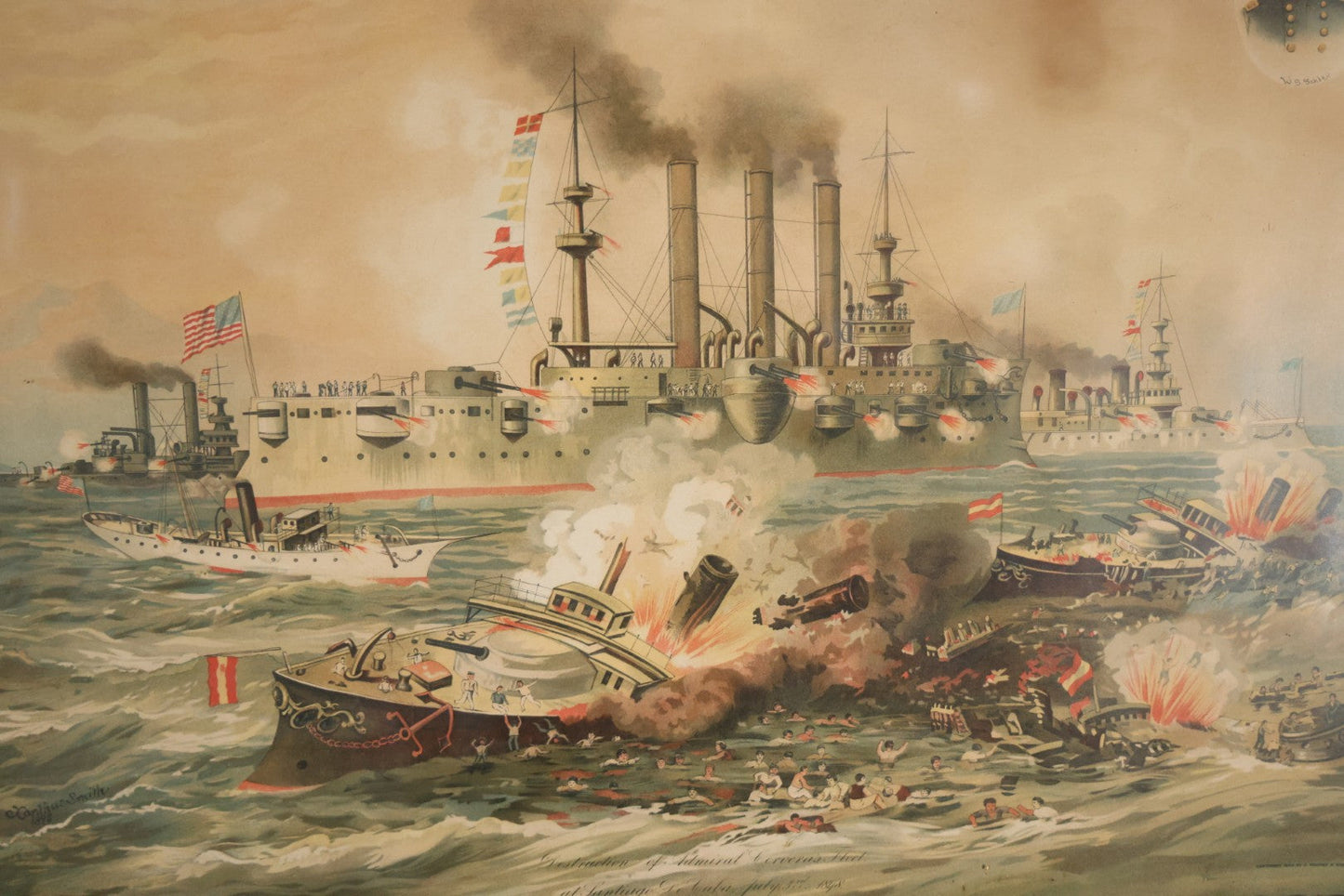 Antique Spanish American War Chromolithograph Print Depicting The Destruction Of Admiral Cervera's Fleet At Santiago De Cuba, July 3rd, 1898, In Large Ornate Frame, After Xanthus Russell Smith, Copyright 1898 By J. Hoover & Son, Philadelphia. 39" x  31"