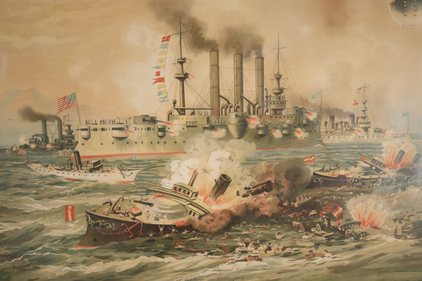 Antique Spanish American War Chromolithograph Print Depicting The Destruction Of Admiral Cervera's Fleet At Santiago De Cuba, July 3rd, 1898, In Large Ornate Frame, After Xanthus Russell Smith, Copyright 1898 By J. Hoover & Son, Philadelphia. 39" x  31"