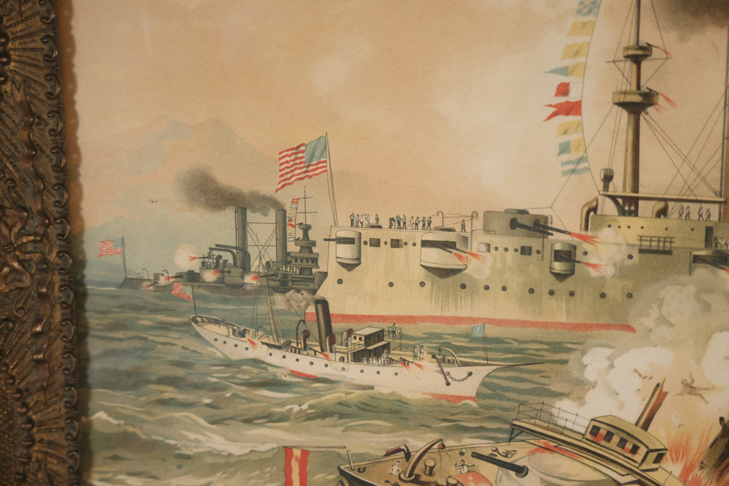Antique Spanish American War Chromolithograph Print Depicting The Destruction Of Admiral Cervera's Fleet At Santiago De Cuba, July 3rd, 1898, In Large Ornate Frame, After Xanthus Russell Smith, Copyright 1898 By J. Hoover & Son, Philadelphia. 39" x  31"