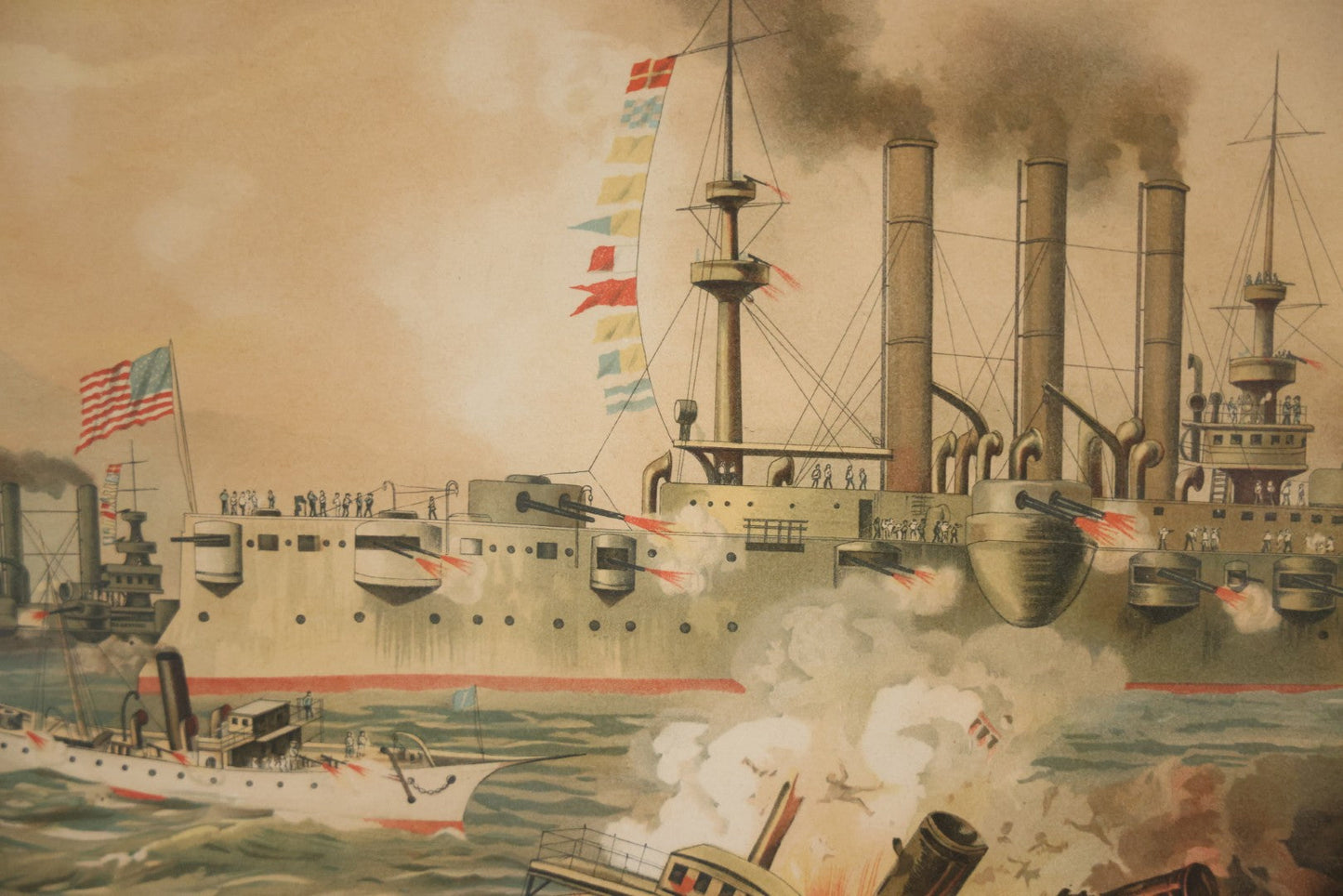 Antique Spanish American War Chromolithograph Print Depicting The Destruction Of Admiral Cervera's Fleet At Santiago De Cuba, July 3rd, 1898, In Large Ornate Frame, After Xanthus Russell Smith, Copyright 1898 By J. Hoover & Son, Philadelphia. 39" x  31"