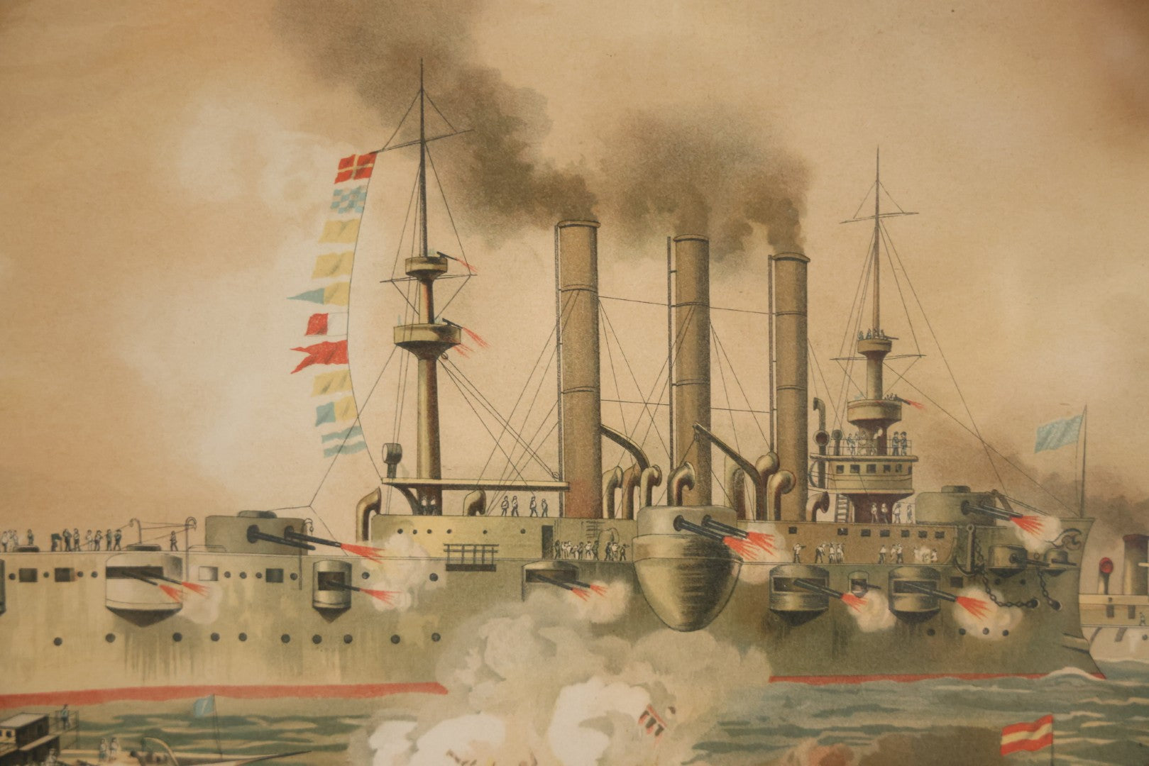 Antique Spanish American War Chromolithograph Print Depicting The Destruction Of Admiral Cervera's Fleet At Santiago De Cuba, July 3rd, 1898, In Large Ornate Frame, After Xanthus Russell Smith, Copyright 1898 By J. Hoover & Son, Philadelphia. 39" x  31"