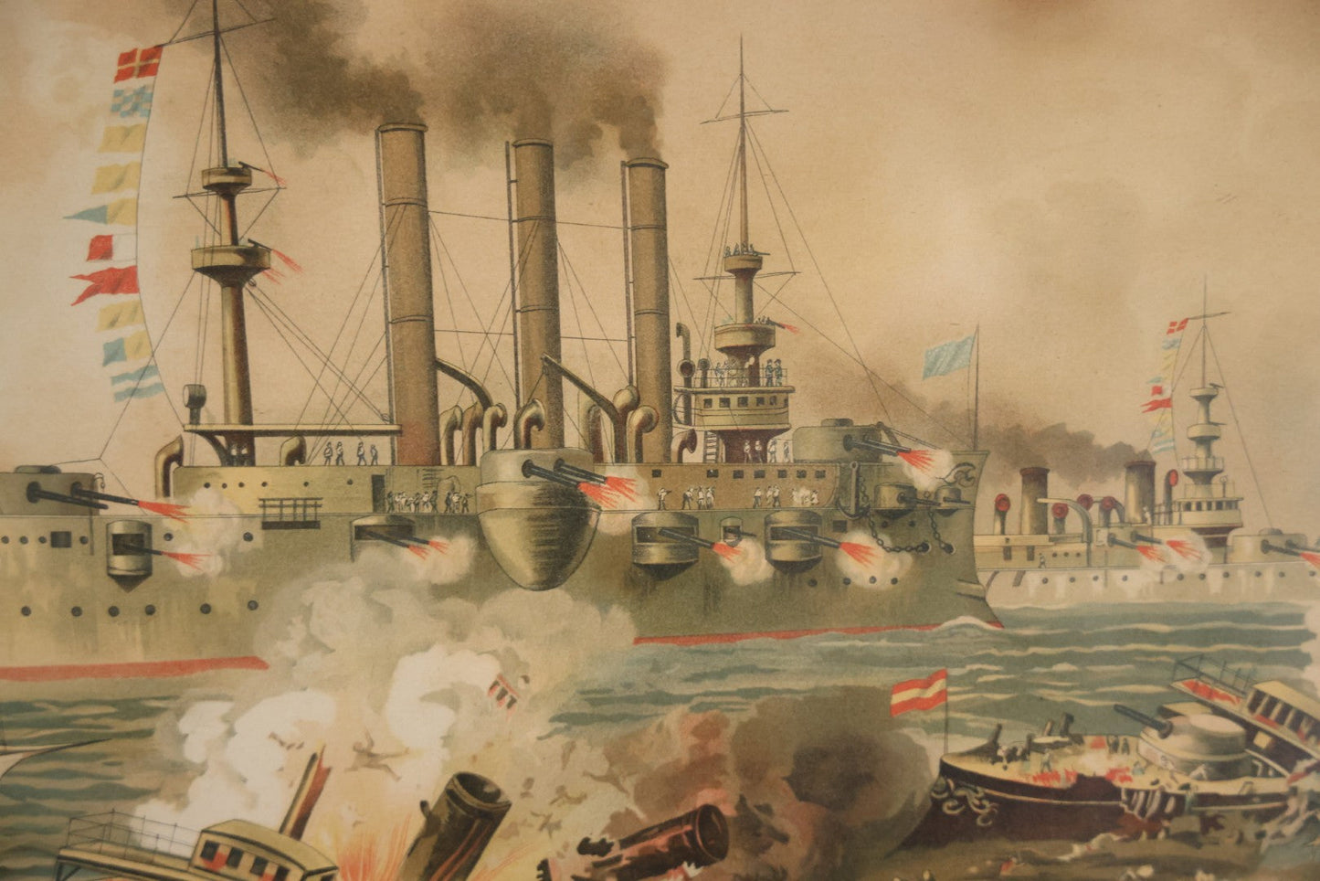 Antique Spanish American War Chromolithograph Print Depicting The Destruction Of Admiral Cervera's Fleet At Santiago De Cuba, July 3rd, 1898, In Large Ornate Frame, After Xanthus Russell Smith, Copyright 1898 By J. Hoover & Son, Philadelphia. 39" x  31"