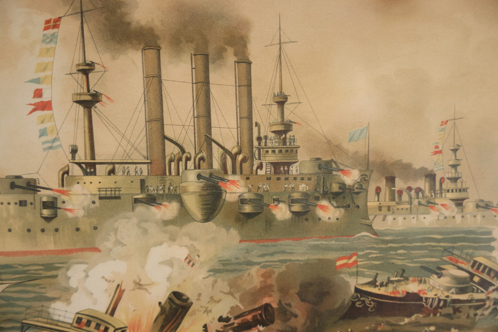 Antique Spanish American War Chromolithograph Print Depicting The Destruction Of Admiral Cervera's Fleet At Santiago De Cuba, July 3rd, 1898, In Large Ornate Frame, After Xanthus Russell Smith, Copyright 1898 By J. Hoover & Son, Philadelphia. 39" x  31"
