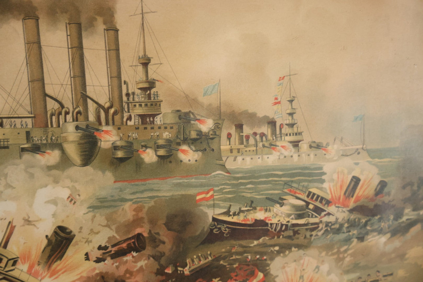 Antique Spanish American War Chromolithograph Print Depicting The Destruction Of Admiral Cervera's Fleet At Santiago De Cuba, July 3rd, 1898, In Large Ornate Frame, After Xanthus Russell Smith, Copyright 1898 By J. Hoover & Son, Philadelphia. 39" x  31"