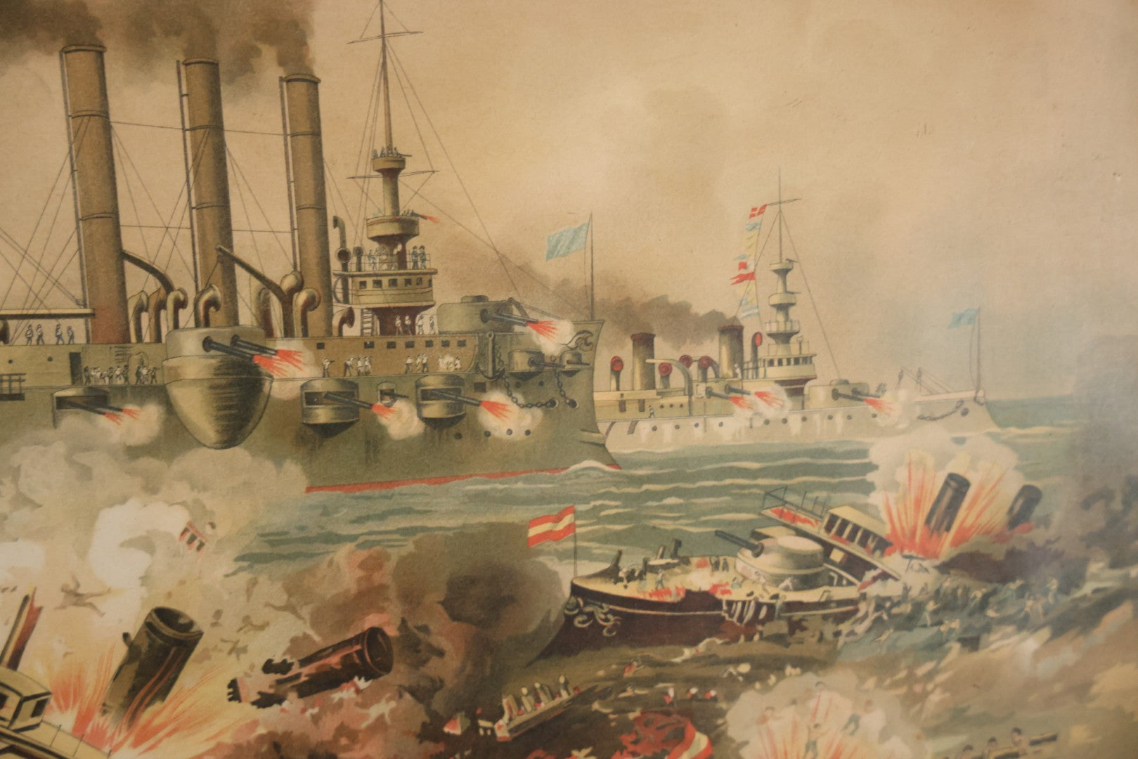 Antique Spanish American War Chromolithograph Print Depicting The Destruction Of Admiral Cervera's Fleet At Santiago De Cuba, July 3rd, 1898, In Large Ornate Frame, After Xanthus Russell Smith, Copyright 1898 By J. Hoover & Son, Philadelphia. 39" x  31"