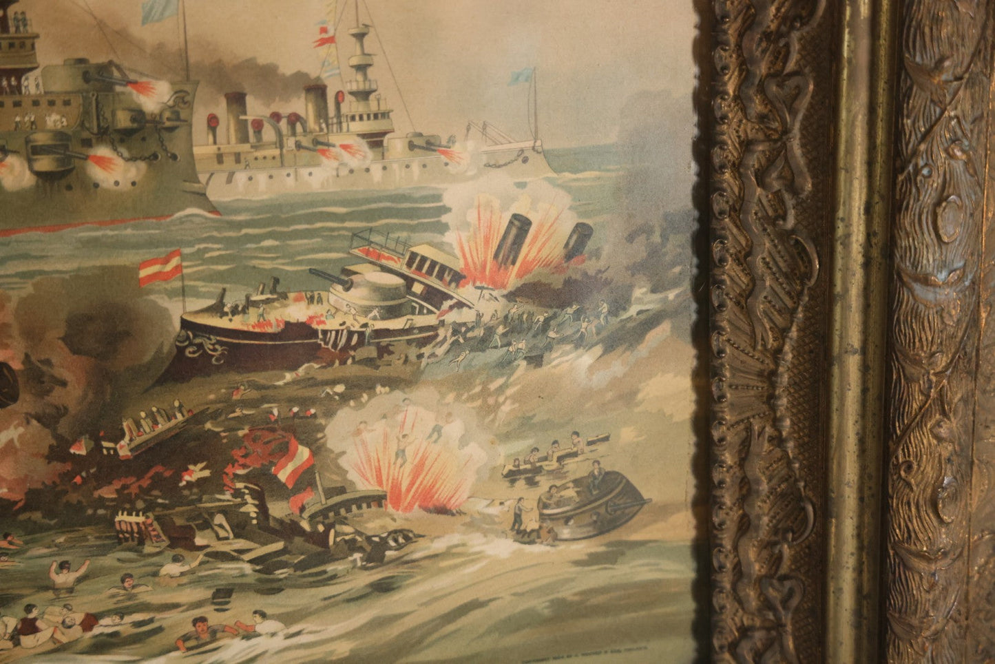 Antique Spanish American War Chromolithograph Print Depicting The Destruction Of Admiral Cervera's Fleet At Santiago De Cuba, July 3rd, 1898, In Large Ornate Frame, After Xanthus Russell Smith, Copyright 1898 By J. Hoover & Son, Philadelphia. 39" x  31"