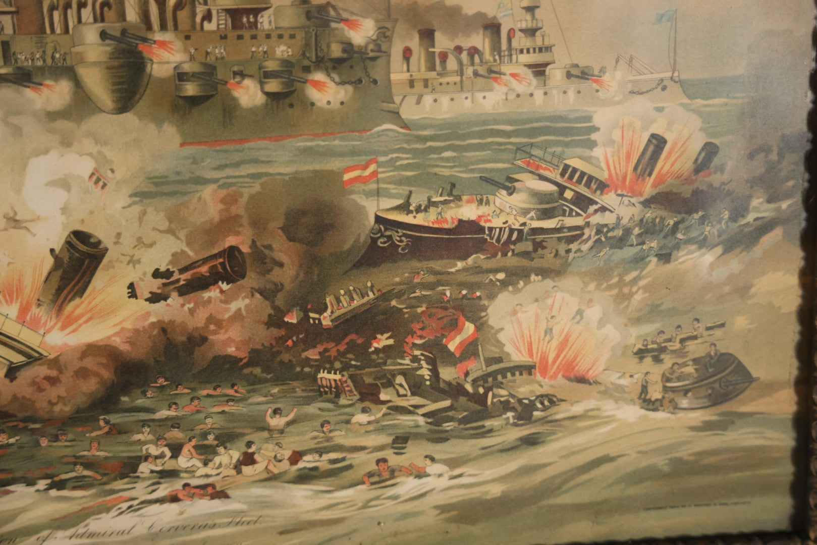 Antique Spanish American War Chromolithograph Print Depicting The Destruction Of Admiral Cervera's Fleet At Santiago De Cuba, July 3rd, 1898, In Large Ornate Frame, After Xanthus Russell Smith, Copyright 1898 By J. Hoover & Son, Philadelphia. 39" x  31"