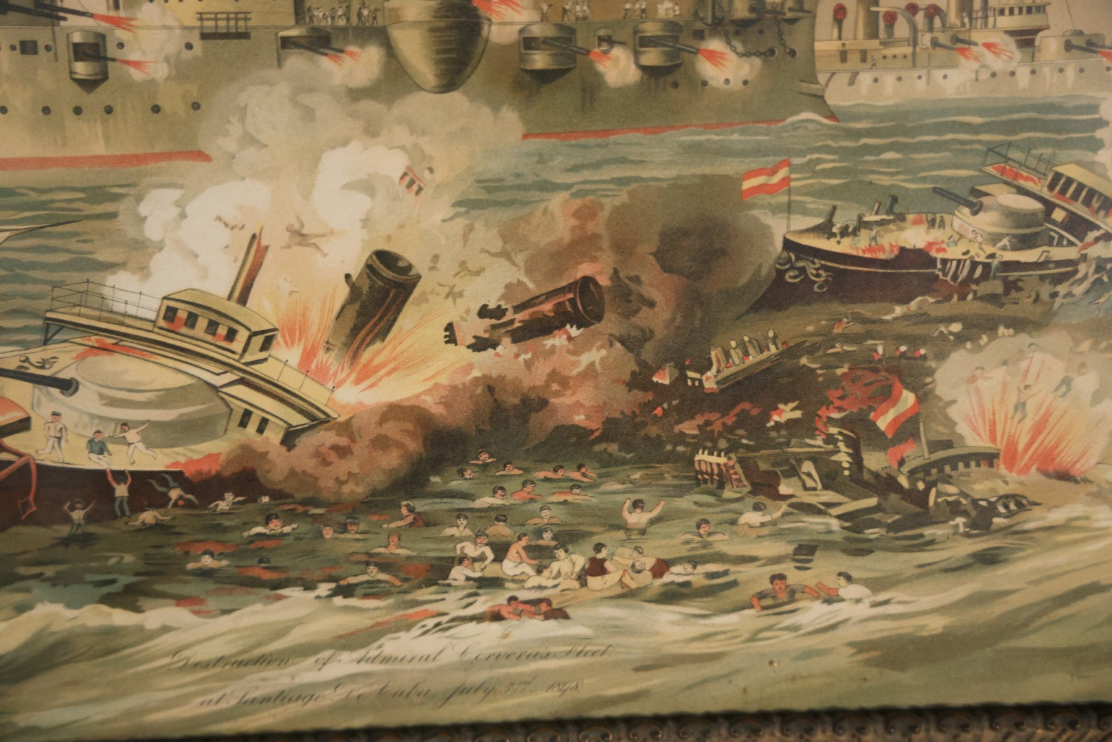 Antique Spanish American War Chromolithograph Print Depicting The Destruction Of Admiral Cervera's Fleet At Santiago De Cuba, July 3rd, 1898, In Large Ornate Frame, After Xanthus Russell Smith, Copyright 1898 By J. Hoover & Son, Philadelphia. 39" x  31"