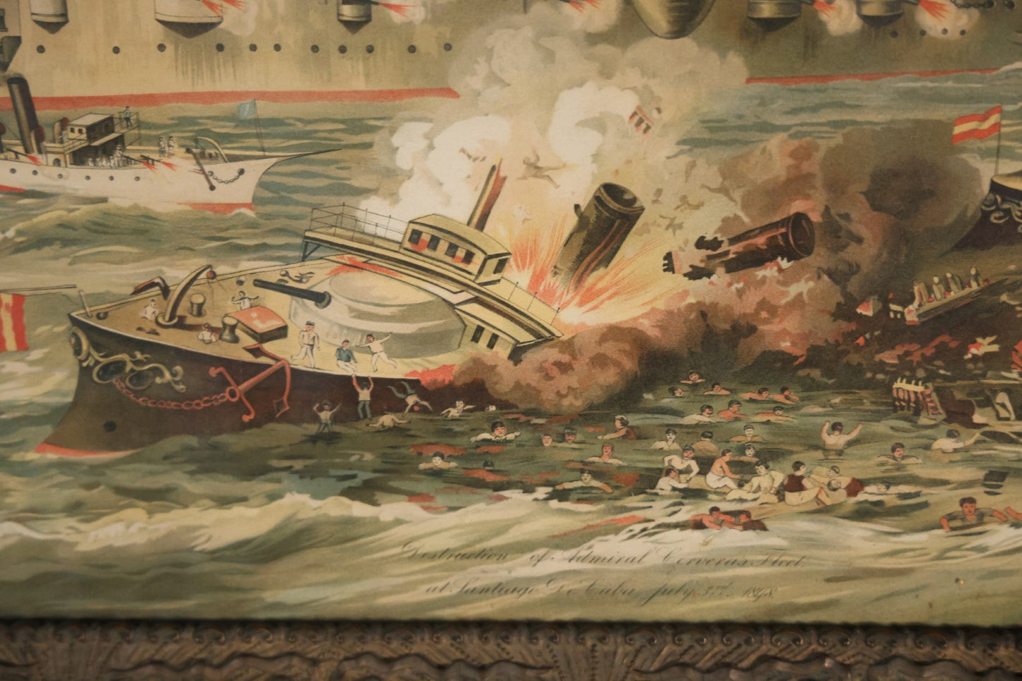 Antique Spanish American War Chromolithograph Print Depicting The Destruction Of Admiral Cervera's Fleet At Santiago De Cuba, July 3rd, 1898, In Large Ornate Frame, After Xanthus Russell Smith, Copyright 1898 By J. Hoover & Son, Philadelphia. 39" x  31"