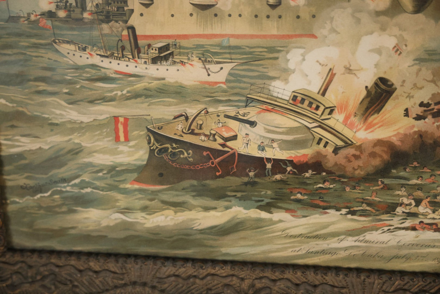 Antique Spanish American War Chromolithograph Print Depicting The Destruction Of Admiral Cervera's Fleet At Santiago De Cuba, July 3rd, 1898, In Large Ornate Frame, After Xanthus Russell Smith, Copyright 1898 By J. Hoover & Son, Philadelphia. 39" x  31"