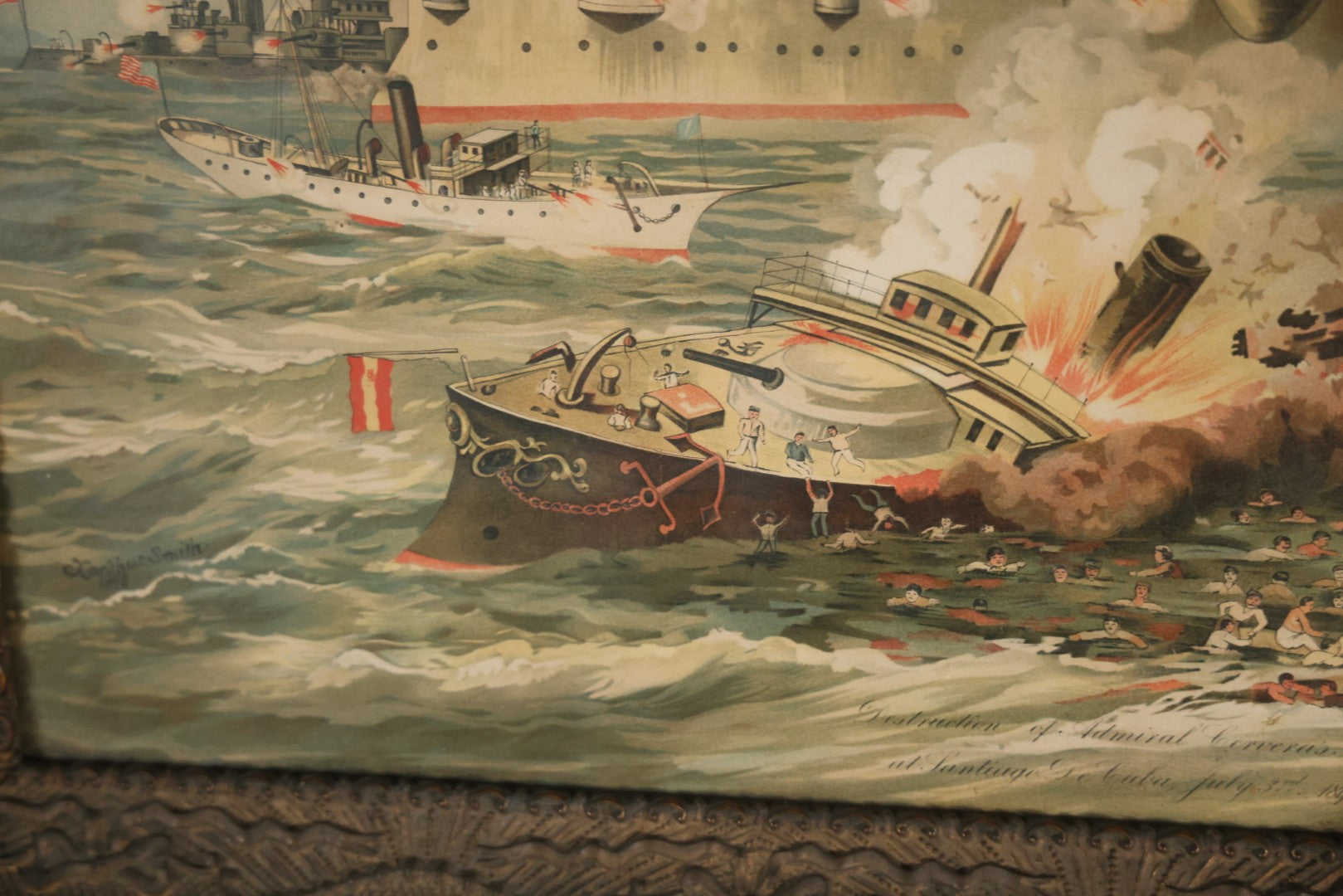 Antique Spanish American War Chromolithograph Print Depicting The Destruction Of Admiral Cervera's Fleet At Santiago De Cuba, July 3rd, 1898, In Large Ornate Frame, After Xanthus Russell Smith, Copyright 1898 By J. Hoover & Son, Philadelphia. 39" x  31"