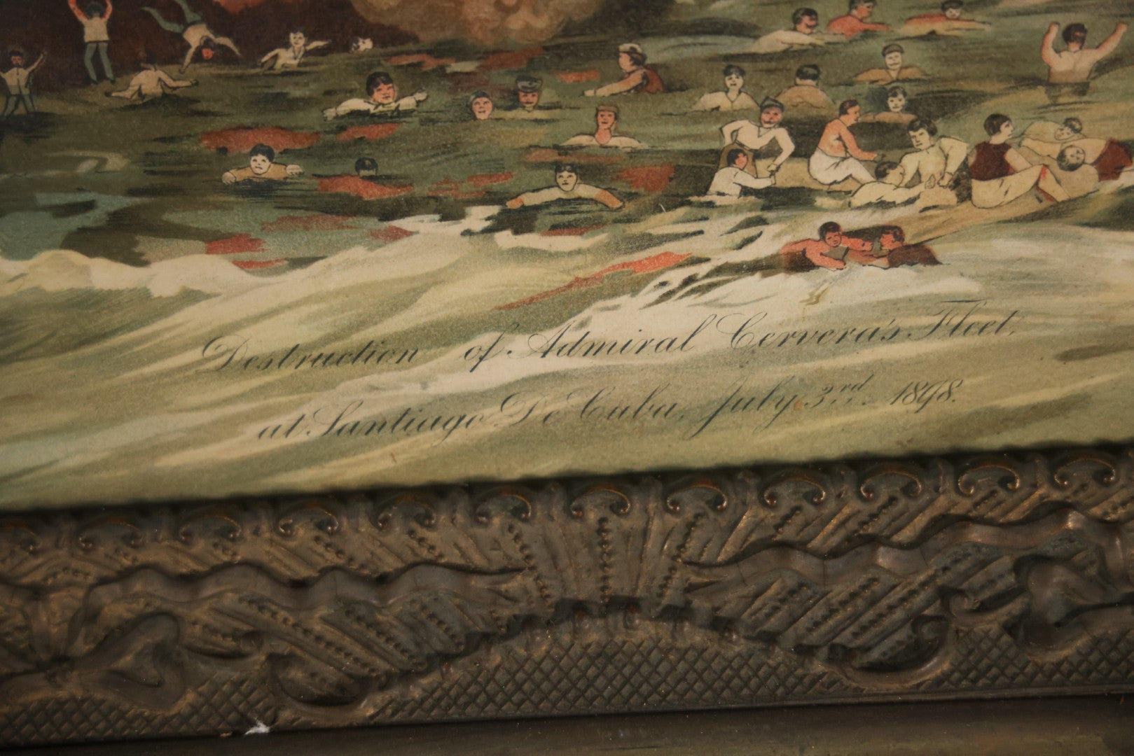 Antique Spanish American War Chromolithograph Print Depicting The Destruction Of Admiral Cervera's Fleet At Santiago De Cuba, July 3rd, 1898, In Large Ornate Frame, After Xanthus Russell Smith, Copyright 1898 By J. Hoover & Son, Philadelphia. 39" x  31"