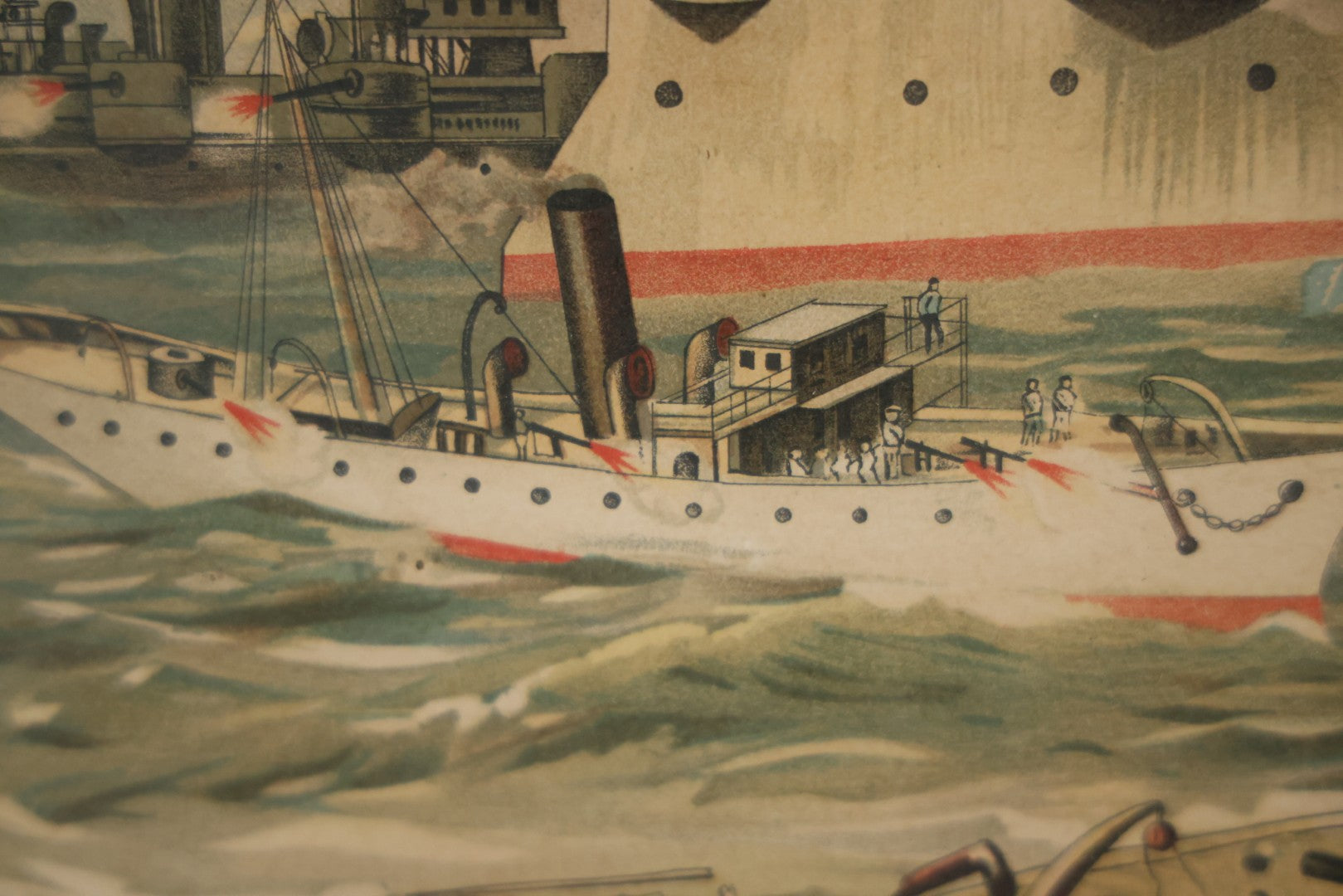 Antique Spanish American War Chromolithograph Print Depicting The Destruction Of Admiral Cervera's Fleet At Santiago De Cuba, July 3rd, 1898, In Large Ornate Frame, After Xanthus Russell Smith, Copyright 1898 By J. Hoover & Son, Philadelphia. 39" x  31"