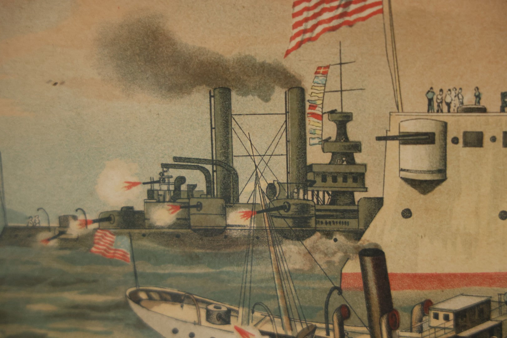 Antique Spanish American War Chromolithograph Print Depicting The Destruction Of Admiral Cervera's Fleet At Santiago De Cuba, July 3rd, 1898, In Large Ornate Frame, After Xanthus Russell Smith, Copyright 1898 By J. Hoover & Son, Philadelphia. 39" x  31"