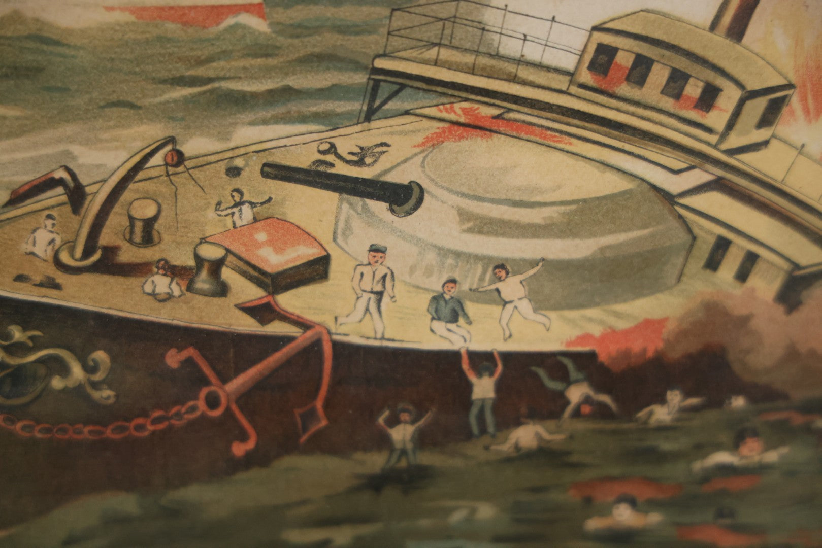 Antique Spanish American War Chromolithograph Print Depicting The Destruction Of Admiral Cervera's Fleet At Santiago De Cuba, July 3rd, 1898, In Large Ornate Frame, After Xanthus Russell Smith, Copyright 1898 By J. Hoover & Son, Philadelphia. 39" x  31"