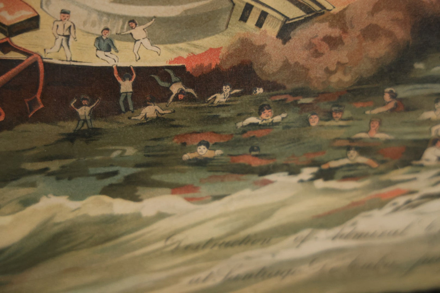 Antique Spanish American War Chromolithograph Print Depicting The Destruction Of Admiral Cervera's Fleet At Santiago De Cuba, July 3rd, 1898, In Large Ornate Frame, After Xanthus Russell Smith, Copyright 1898 By J. Hoover & Son, Philadelphia. 39" x  31"