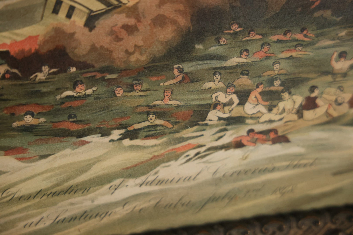 Antique Spanish American War Chromolithograph Print Depicting The Destruction Of Admiral Cervera's Fleet At Santiago De Cuba, July 3rd, 1898, In Large Ornate Frame, After Xanthus Russell Smith, Copyright 1898 By J. Hoover & Son, Philadelphia. 39" x  31"
