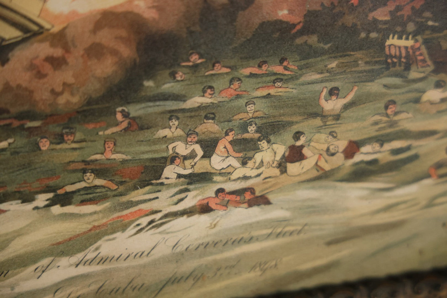 Antique Spanish American War Chromolithograph Print Depicting The Destruction Of Admiral Cervera's Fleet At Santiago De Cuba, July 3rd, 1898, In Large Ornate Frame, After Xanthus Russell Smith, Copyright 1898 By J. Hoover & Son, Philadelphia. 39" x  31"